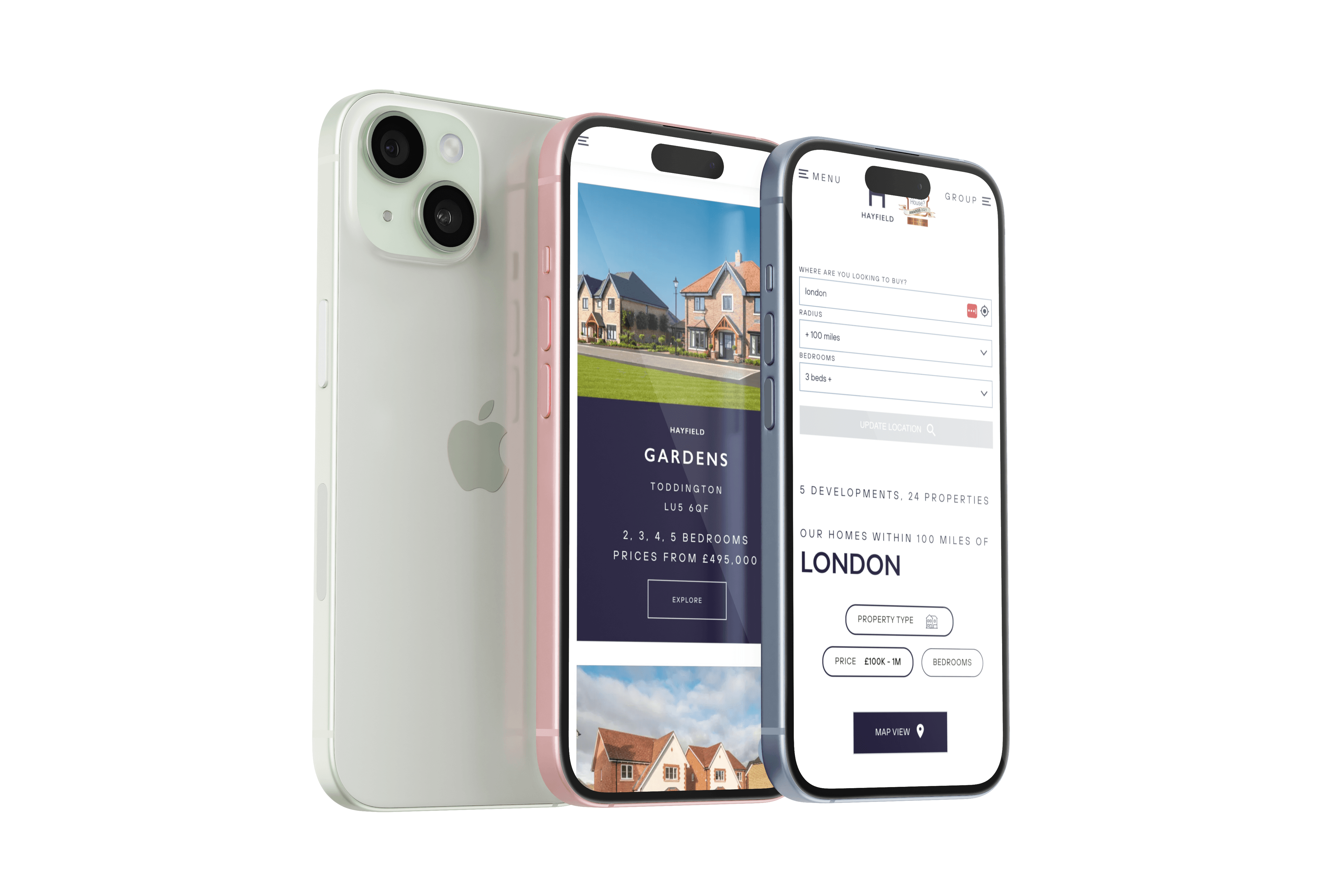 Hayfield Homes website on iPhone